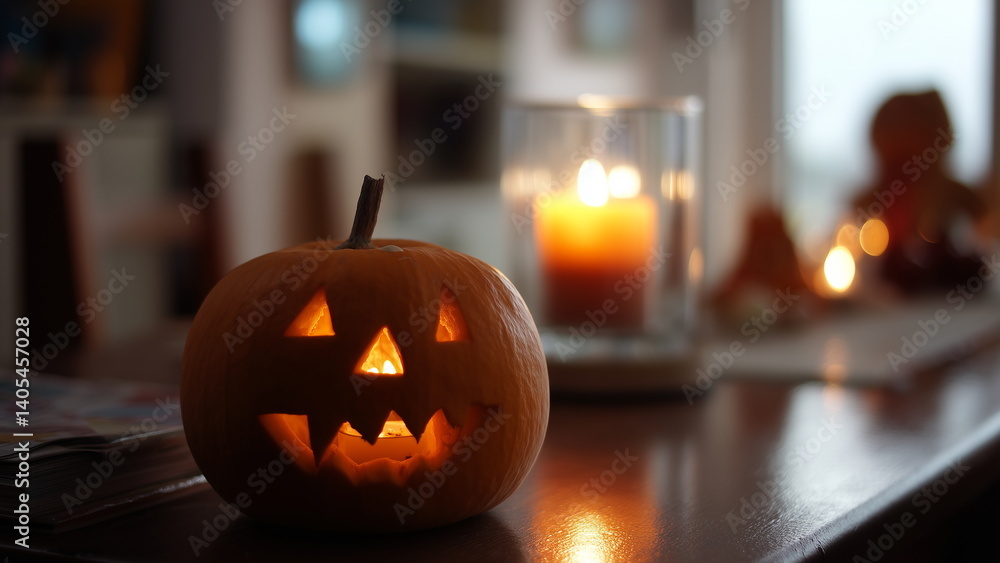 Fototapeta premium A carved pumpkin with a flickering candle inside sits on a table, casting a warm, eerie glow and setting the perfect spooky atmosphere for Halloween.