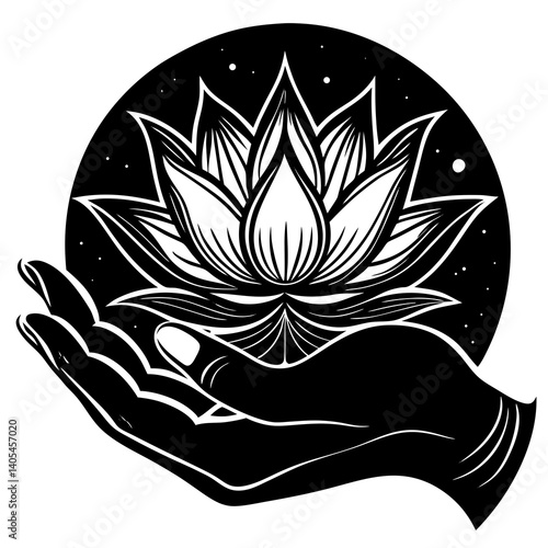A graceful hand gently holding a blooming lotus flower, symbolizing peace, purity, and spiritual awakening