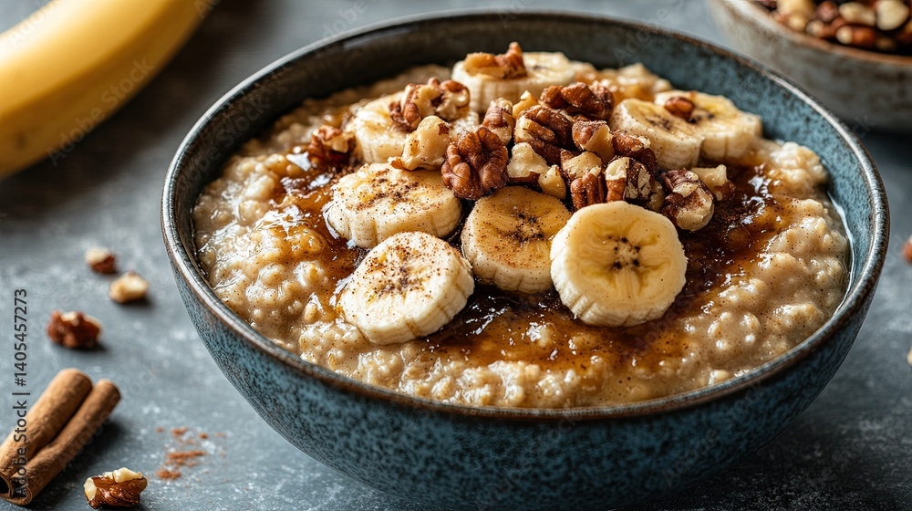 Steaming bowl of oatmeal topped with caramelized banana, chopped nuts, and cinnamon on gray surface. Steaming bowl of oatmeal topped with caramelized banana, chopped nuts, and cinnamon on gray surface.