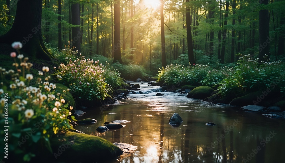 Obraz premium Sunlit Stream in Lush Forest: The image features a captivating view of a stream flowing through a vibrant forest. Sunlight filters through the leaves.