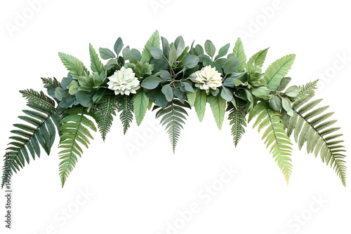 Lush floral swag with vibrant green ferns and delicate white blossoms, against a stark transparent background