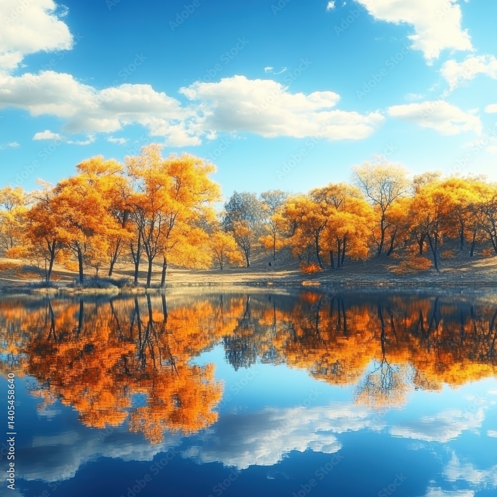 Golden autumn trees reflecting in the lake under a cloudy sky Golden autumn trees reflecting in the lake under a cloudy sky
