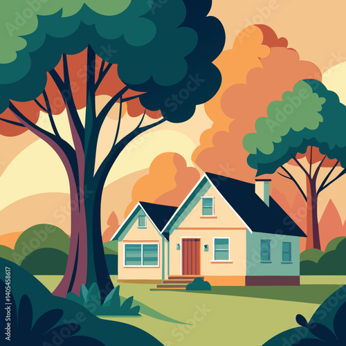 A charming house nestled beside a large, leafy tree, with another smaller house visible in the background