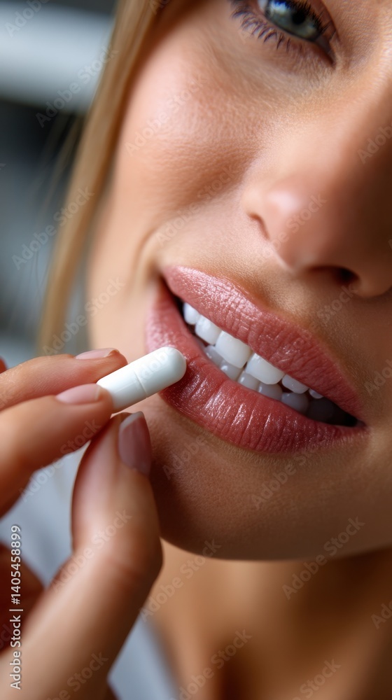 Naklejka premium Close-up of Woman Taking White Capsule Pill with Lips Parted in Focus