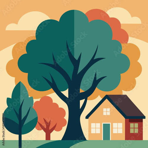 A charming house nestled beside a large, leafy tree, with another smaller house visible in the background