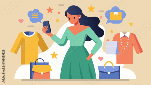 A woman feeling pressure to keep up with the latest fashion trends and constantly buy new clothes in order to appear perfect on her social media profiles.. Vector illustration