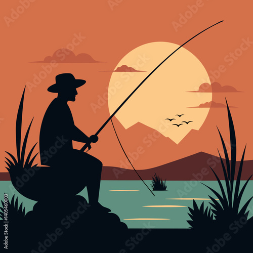 Fisherman fishing silhouette vector illustration