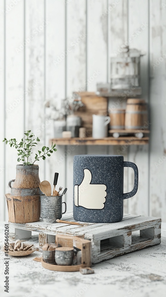 Rustic kitchen setting featuring a dark grey mug with a thumbs-up design, displayed on a white pallet Rustic kitchen setting featuring a dark grey mug with a thumbs-up design, displayed on a white pallet