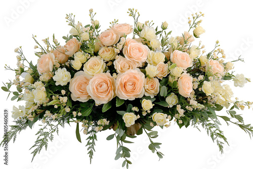 A harmonious display of peach and cream roses, intermingled with soft greens and delicate white blooms, creates a calming floral arrangement