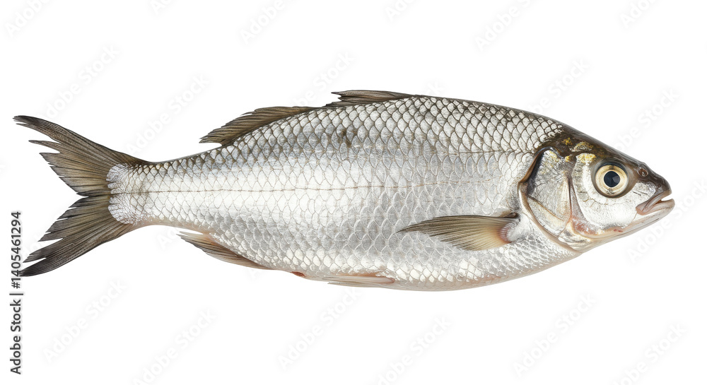 Isolated silver fish with scales and fins on a black background in a horizontal orientation Isolated silver fish with scales and fins on a black background in a horizontal orientation