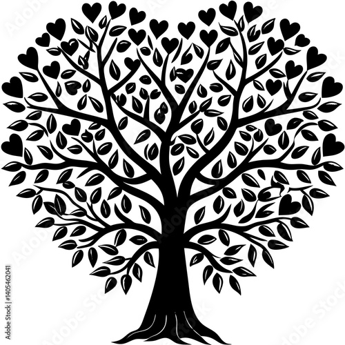 Black love tree with heart leaves hand draw Valentine tree silhouette