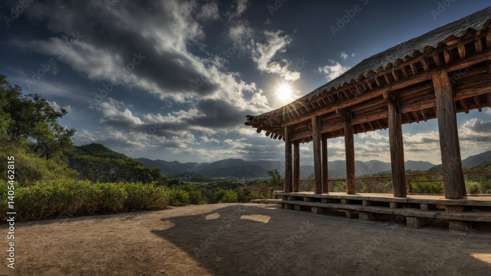 Serene Mountain Vista from a Traditional Korean Pavilion Serene Mountain Vista from a Traditional Korean Pavilion