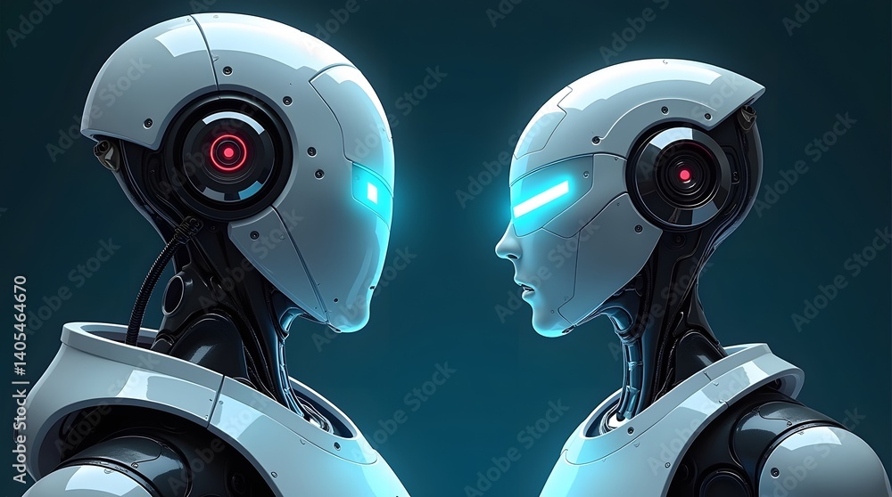 Futuristic AI robots facing. Tech concept, ideal for sci-fi, innovation, or digital art projects. Futuristic AI robots facing. Tech concept, ideal for sci-fi, innovation, or digital art projects.