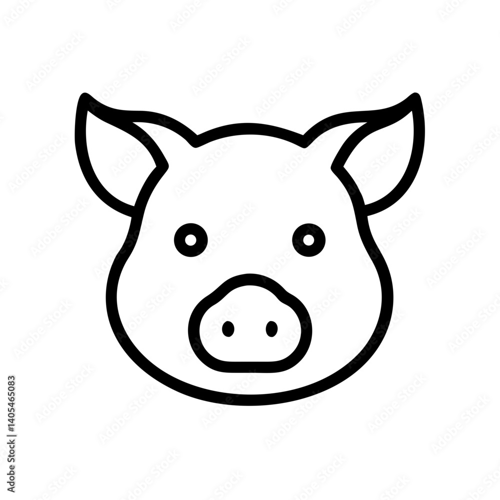 A simple line drawing of a pig face with rounded features and small ears isolated on a white background A simple line drawing of a pig face with rounded features and small ears isolated on a white background