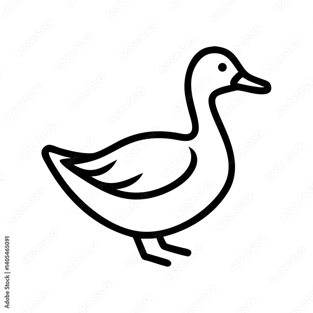 Fototapeta premium Illustration of a duck with a curved neck standing on two legs in a simple black outline style drawing
