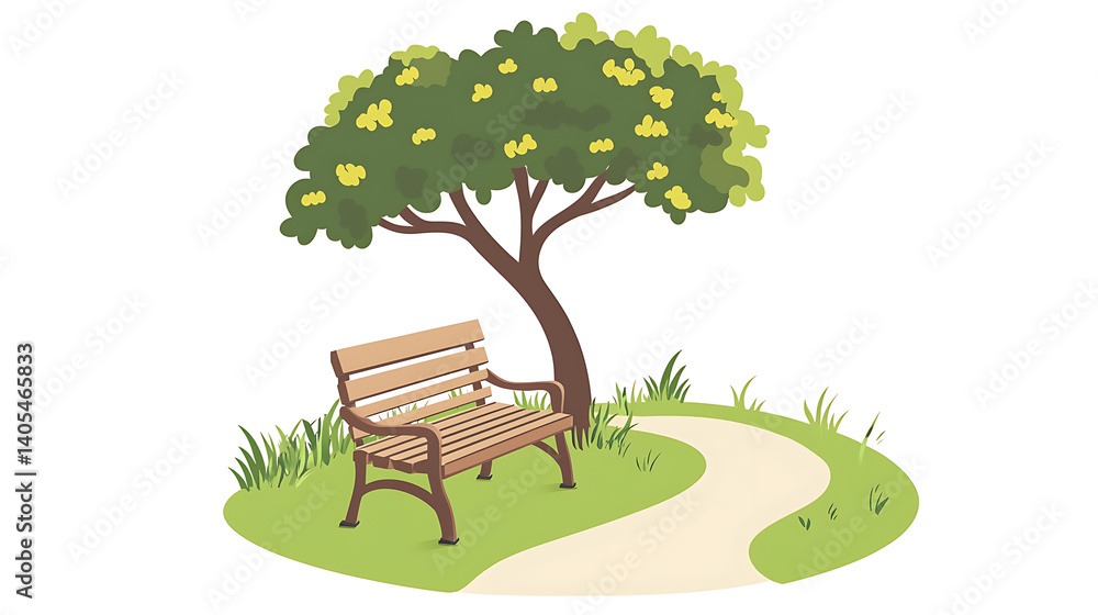 Naklejka premium A bench is sitting in front of a tree in a park