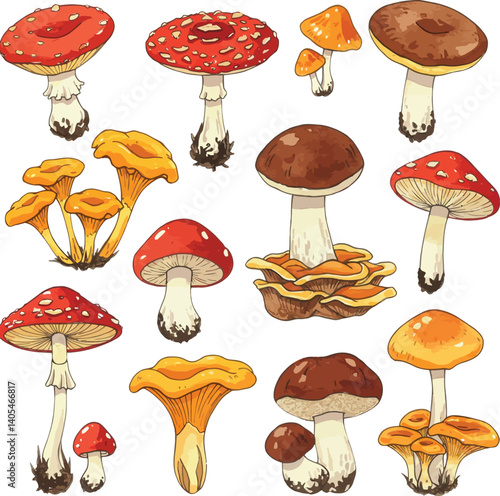 Seamless vector pattern with cartoon forest mushrooms and fungi depicting autumn nature