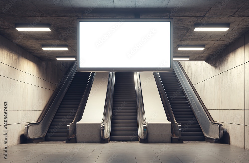 Fototapeta premium Modern underground passage with twin escalators flanking a central suspended blank billboard, illuminated by linear ceiling lights, cold-toned concrete walls and floor in symmetrical minimalist compos