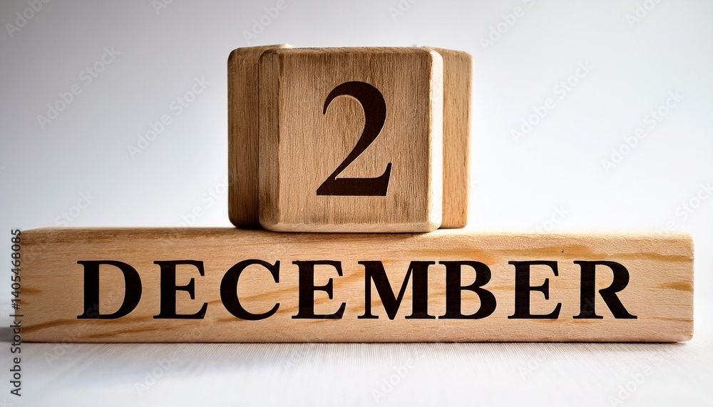Minimalist photo of wooden blocks with date 2 December. Day and month, calendar on white background Minimalist photo of wooden blocks with date 2 December. Day and month, calendar on white background