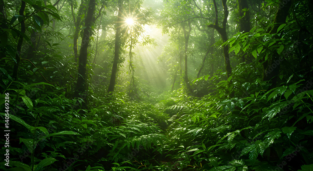 Obraz premium Sunlight Filtering Through Lush Green Tropical Forest