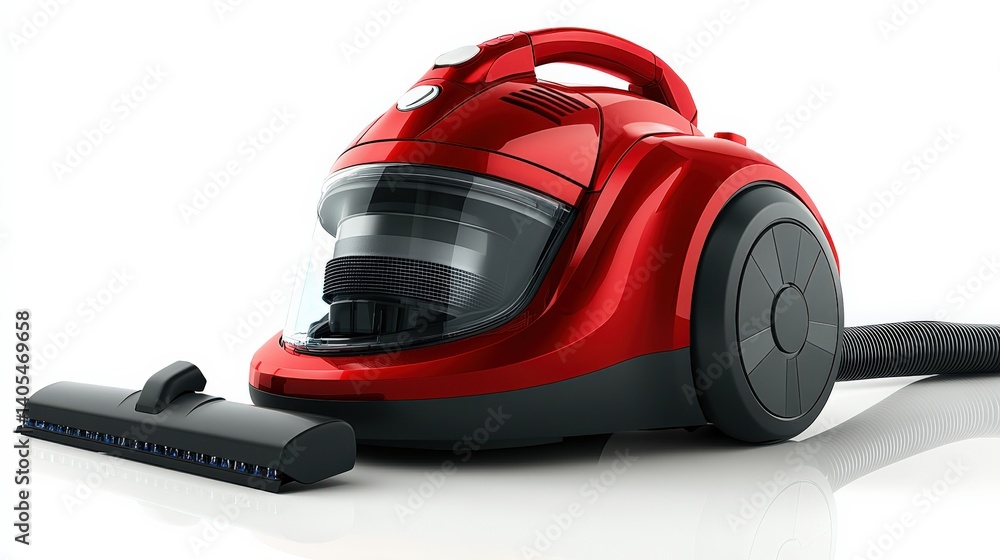 Fototapeta premium Sleek red vacuum cleaner on a white background, showcasing modern design and functionality