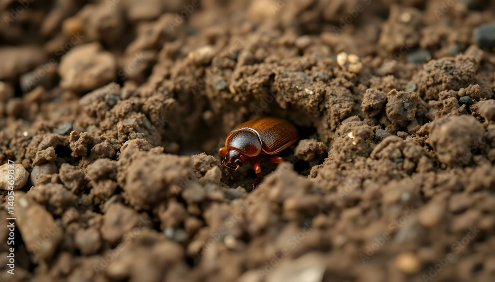 Brown Beetle Emerging From Burrow In Dirt Brown Beetle Emerging From Burrow In Dirt