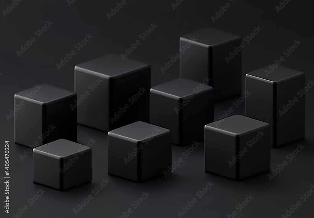 Black 3D cubes and rectangular prisms arranged asymmetrically on pure black background, soft lighting casting subtle shadows to enhance dimensional contrast. Black 3D cubes and rectangular prisms arranged asymmetrically on pure black background, soft lighting casting subtle shadows to enhance dimensional contrast.