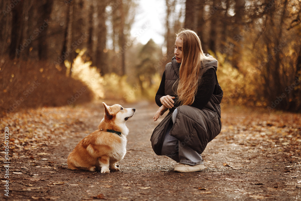 Young blonde woman in coat walking in autumn park with corgi dog. Front view. Concept of dog breeding, training, pet care. Young blonde woman in coat walking in autumn park with corgi dog. Front view. Concept of dog breeding, training, pet care.