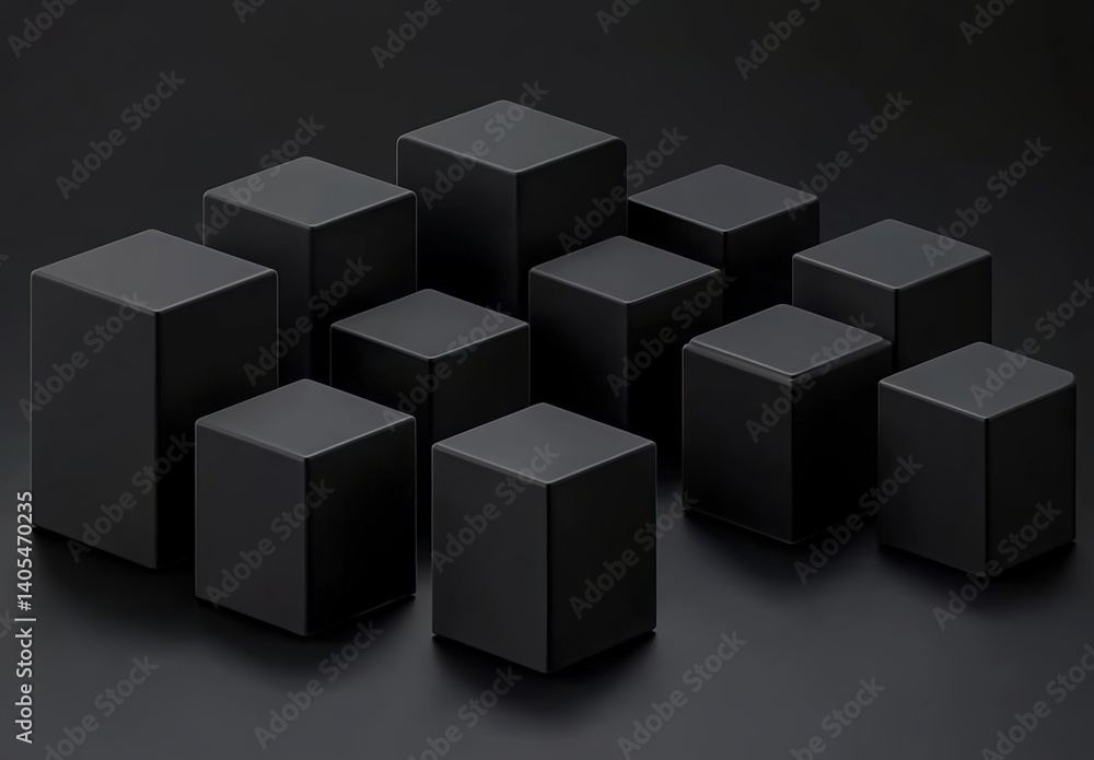 Black 3D cubes and rectangular prisms arranged asymmetrically on pure black background, soft lighting casting subtle shadows to enhance dimensional contrast. Black 3D cubes and rectangular prisms arranged asymmetrically on pure black background, soft lighting casting subtle shadows to enhance dimensional contrast.