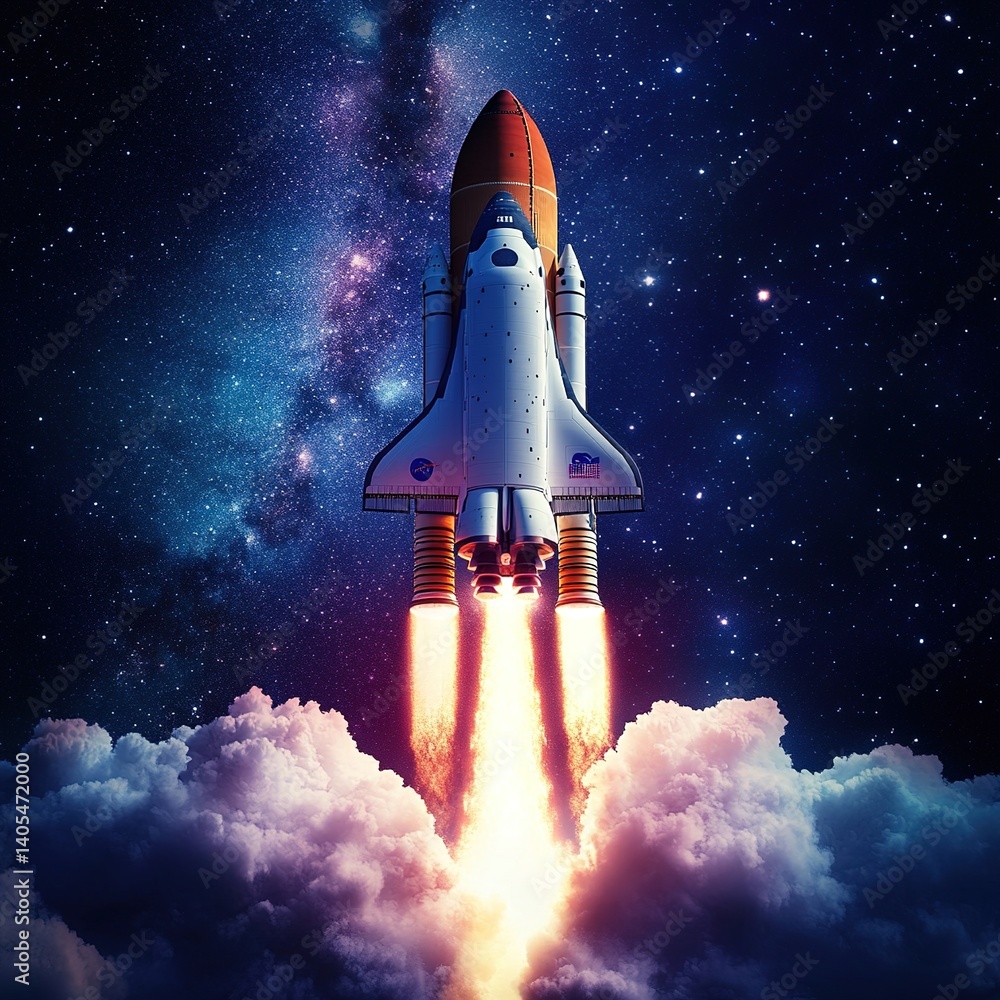 Naklejka premium Rocket launch event outer space digital artwork cosmic environment dramatic viewpoint exploration concept