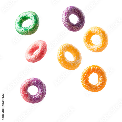  Floating colorful cereal rings isolated on transparent background , in PNG format.