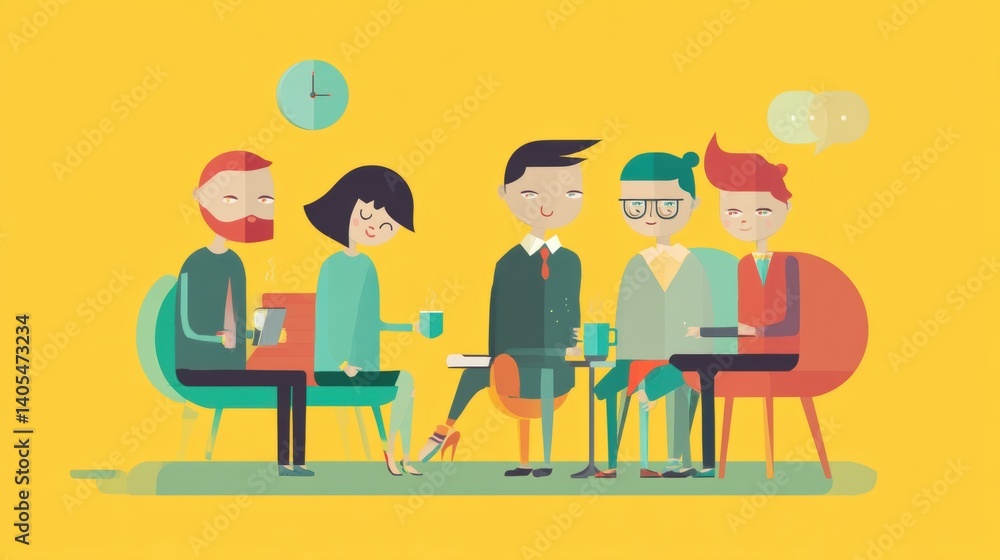Stylish Flat-Design Illustration: Diverse Team Brainstorming in Modern Cafe Setting Stylish Flat-Design Illustration: Diverse Team Brainstorming in Modern Cafe Setting