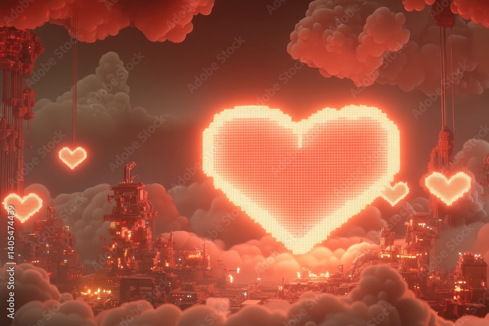 Glowing Red Pixel Heart With Neon Outline Illuminating a Digital Landscape Filled With Clouds and Floating Hearts at Night