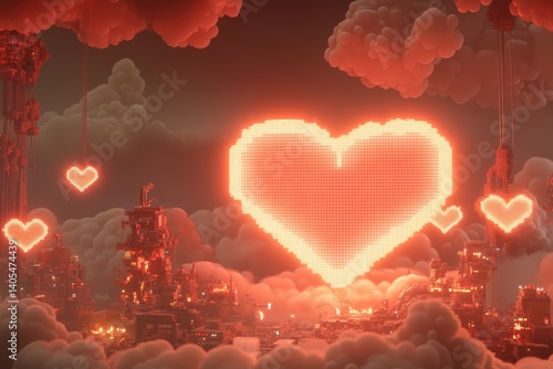 Obraz na płótnie Glowing Red Pixel Heart With Neon Outline Illuminating a Digital Landscape Filled With Clouds and Floating Hearts at Night w salonie