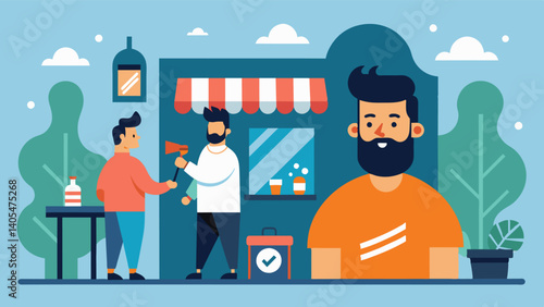 A neighborhood barbershop offering free hairs and grooming services to men in the community along with a positive body image message.. Vector illustration