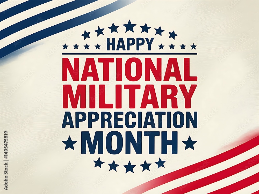 Naklejka premium A heartfelt tribute celebrating National Military Appreciation Month, showcasing patriotic American flags in a bold, graphic design.