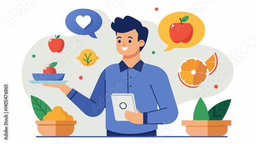 A man proudly sharing his journey of ditching fad diets and embracing a balanced sustainable approach to eating with his social media followers.. Vector illustration