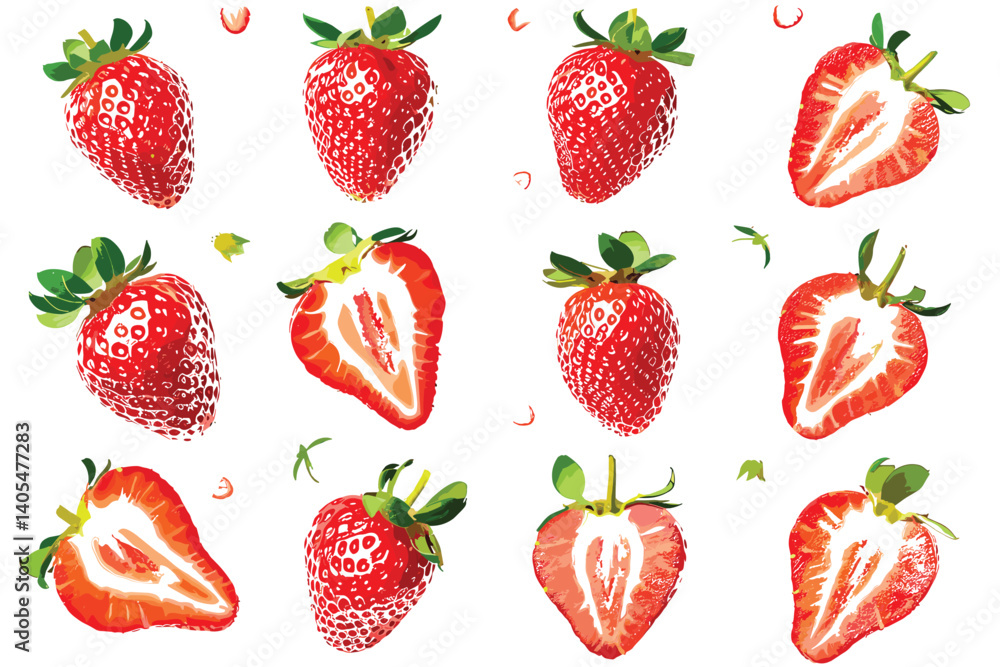 Strawberry isolated on white background. Red ripe whole strawberry set with sliced half and leaves, macro objects
Strawberry isolated on white background. Red ripe whole strawberry set with sliced half and leaves, macro objects