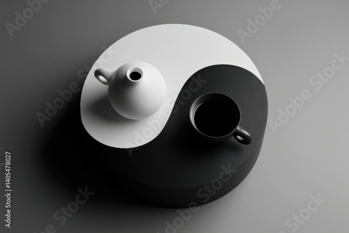 A conceptual representation of Yin and Yang with a teapot and a teacup, embodying balance and harmony, showcasing contrasting elements in a minimalist setting.