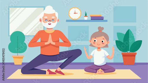A grandparent joining their grandchild for yoga classes to support their interest in improving their mental and physical health.. Vector illustration