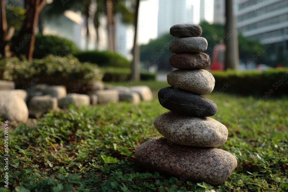 Zen rock balancing in an urban park setting, symbolizing tranquility and mindfulness, promoting well-being amidst city buildings and lush greenery. Zen rock balancing in an urban park setting, symbolizing tranquility and mindfulness, promoting well-being amidst city buildings and lush greenery.