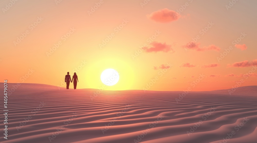 Honeymoon Couple holding hands while walking along a deserted beach at sunset, sharing a peaceful moment together. Honeymoon Couple holding hands while walking along a deserted beach at sunset, sharing a peaceful moment together.