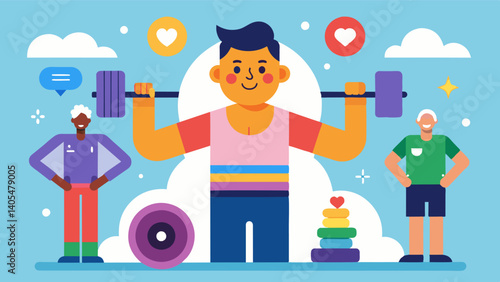 An inclusive and nonjudgmental gym that prioritizes mental and emotional wellbeing reminding clients that fitness is about overall health and happiness not just physical. Vector illustration