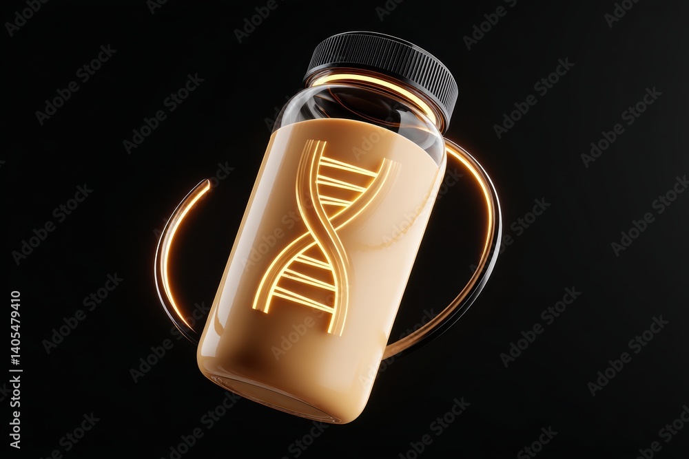 Branded protein smoothie concept enriched with BCAAs, omega-3s, and magnesium, packaged in sleek futuristic bottle with glowing cap - sleek futuristic supplement technology