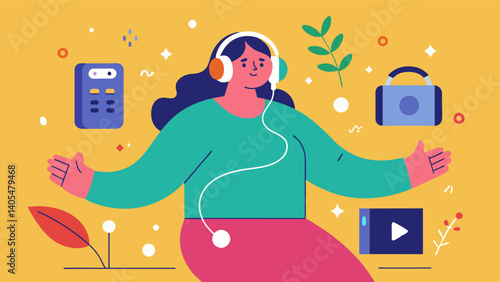 A person listening to a music playlist with empowering and bodypositive lyrics.. Vector illustration