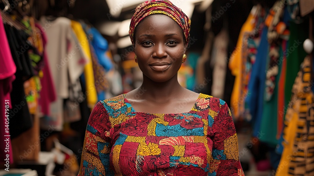 Fototapeta premium Vibrant market scene featuring local woman urban setting portrait photography colorful textiles close-up cultural identity