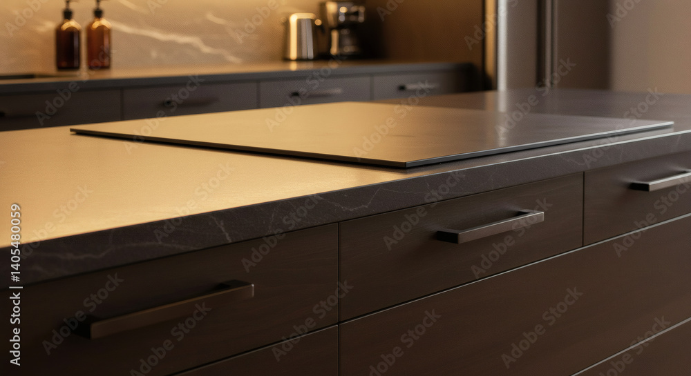 Close-Up of Cabinetry and Polished Stone Countertop with Warm Lighting Close-Up of Cabinetry and Polished Stone Countertop with Warm Lighting