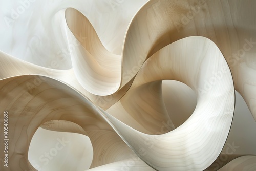 Abstract wood sculpture with flowing shapes and swirling curves in a light airy space