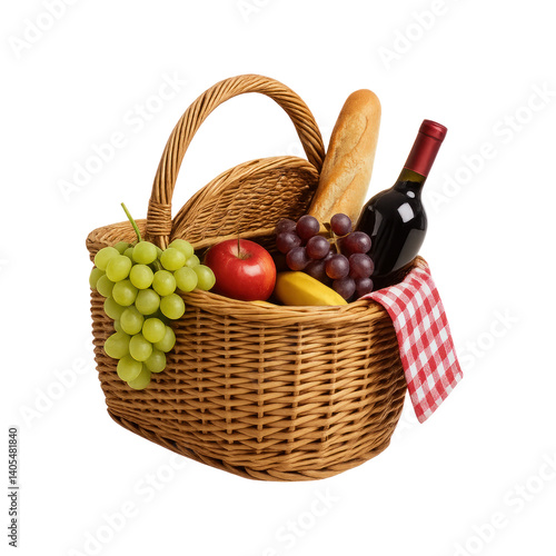 Picnic basket with grapes, apples, wine, and bread, cut out on a transparent background. Generative AI.