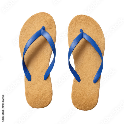 Cork flip-flops with blue cutout straps on a transparent background. Generative AI.